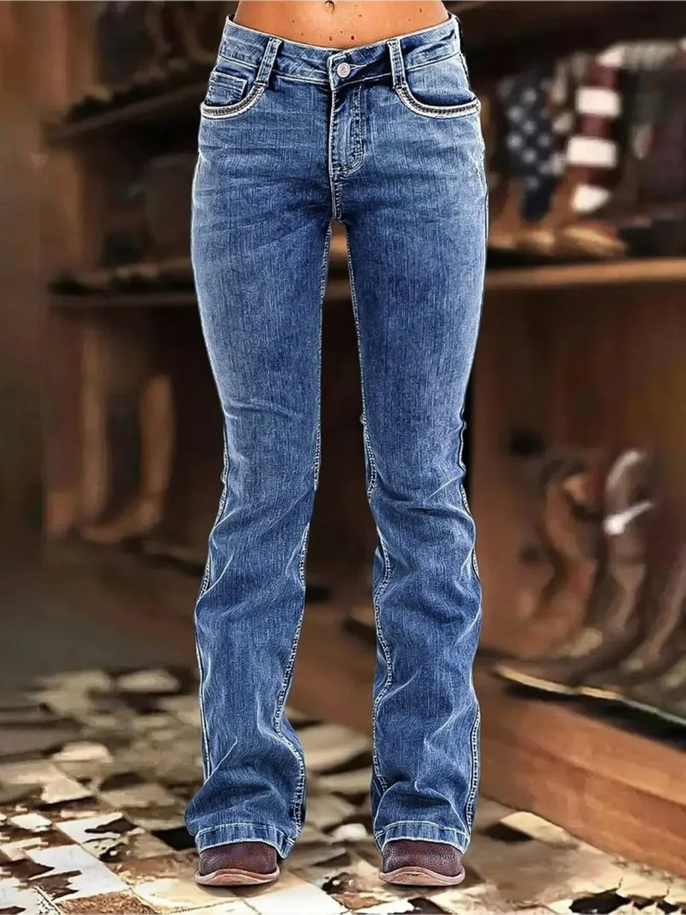 Women's Celestial Blue Pull On Mid Rise Flare Leg Zipper Lifting Bootcut Jeans